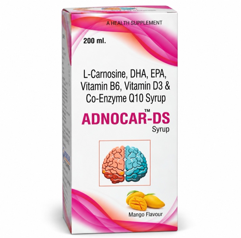 ADNOCAR-DS™ Syrup (Each 5ml contains: L-Carnosine 200mg, DHA (Docosahexaenoic Acid) 550mg, EPA (Eicosapentaenoic Acid) 200mg, Vitamin B6 150mg, Vitamin D3 1500 IU & Co-Enzyme Q10 100mg in flavoured base (Mango Flavour)) — Redition Pharma Formulations