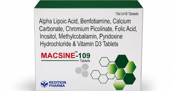 MACSINE-109 Tablets (Alpha Lipoic Acid 100mg, Benfotiamine 100mg, Calcium Carbonate 500mg, Chromium Picolinate 200mcg, Folic Acid 1.5mg, Inositol 100mg, Methylcobalamin 1500mcg, Pyridoxine HCl 3mg & Vitamin D3 1000 IU) — Redition Pharma Formulations